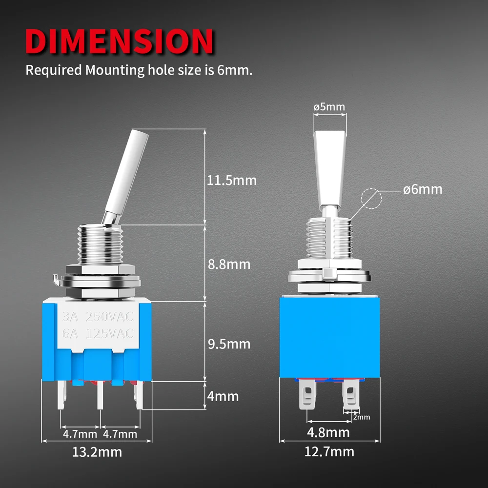 DaierTek 5PCS Mini Toggle Switch 3 Position 2 Position ON OFF ON DPDT DPST 6A 125VAC 3A 250VAC Latching Flat Handle for Car