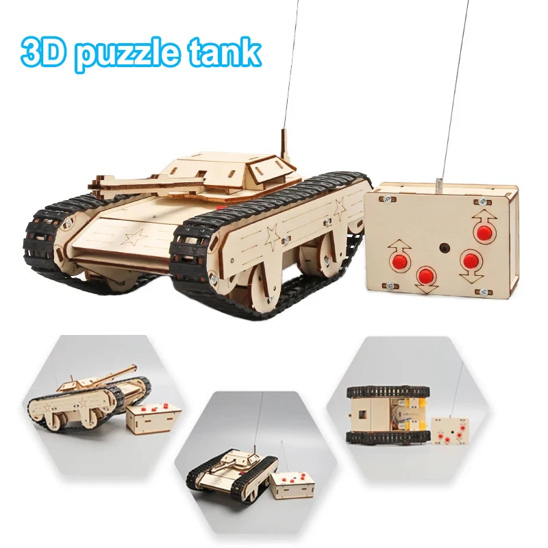 New DIY Wooden 3D Puzzle Tank Model Creative Science Assembly Remote Control Tank Physics Electronic Science Experiment Toy