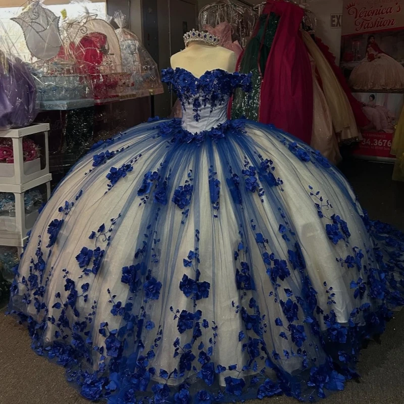 

Blue Shiny Quinceanera Dresses Ball Gown Off The Shoulder Flower Beading Crystal Tull Corset Sweet 16 Dress Vestidos 15 De Anos