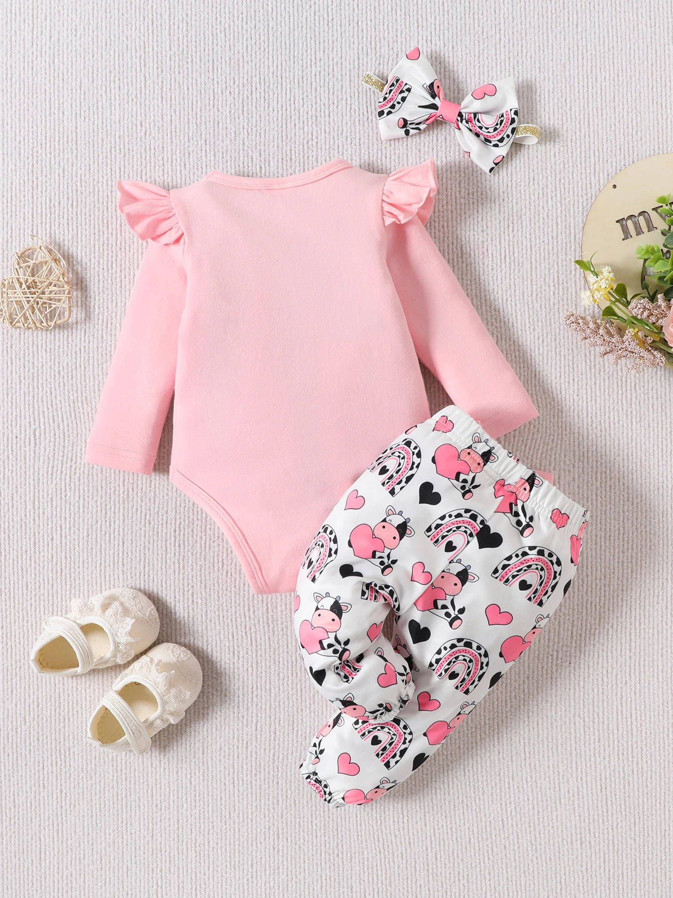 3Pcs Outfits Infant Newborn Baby Girl Spring Autumn Ribbed Solid Clothes Sets Ruffles Long Sleeve Bodysuits + Pants + Headband