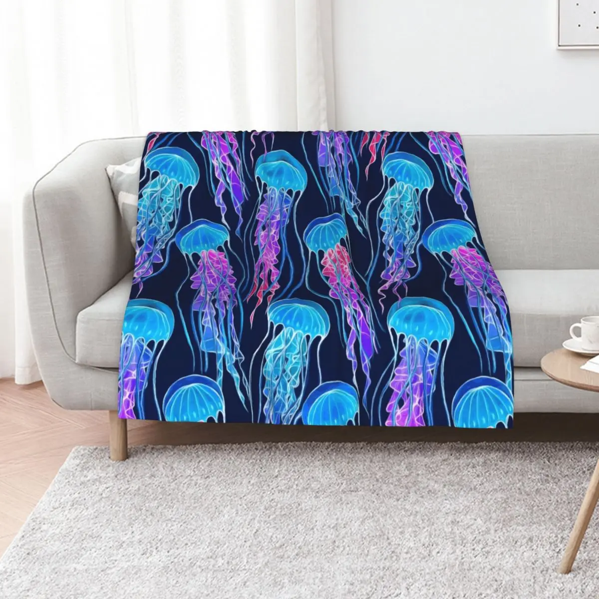 Luminescent Rainbow Jellyfish on Navy Blue Throw Blanket Stuffeds Picnic Decorative Beds sofa bed decorative Blankets