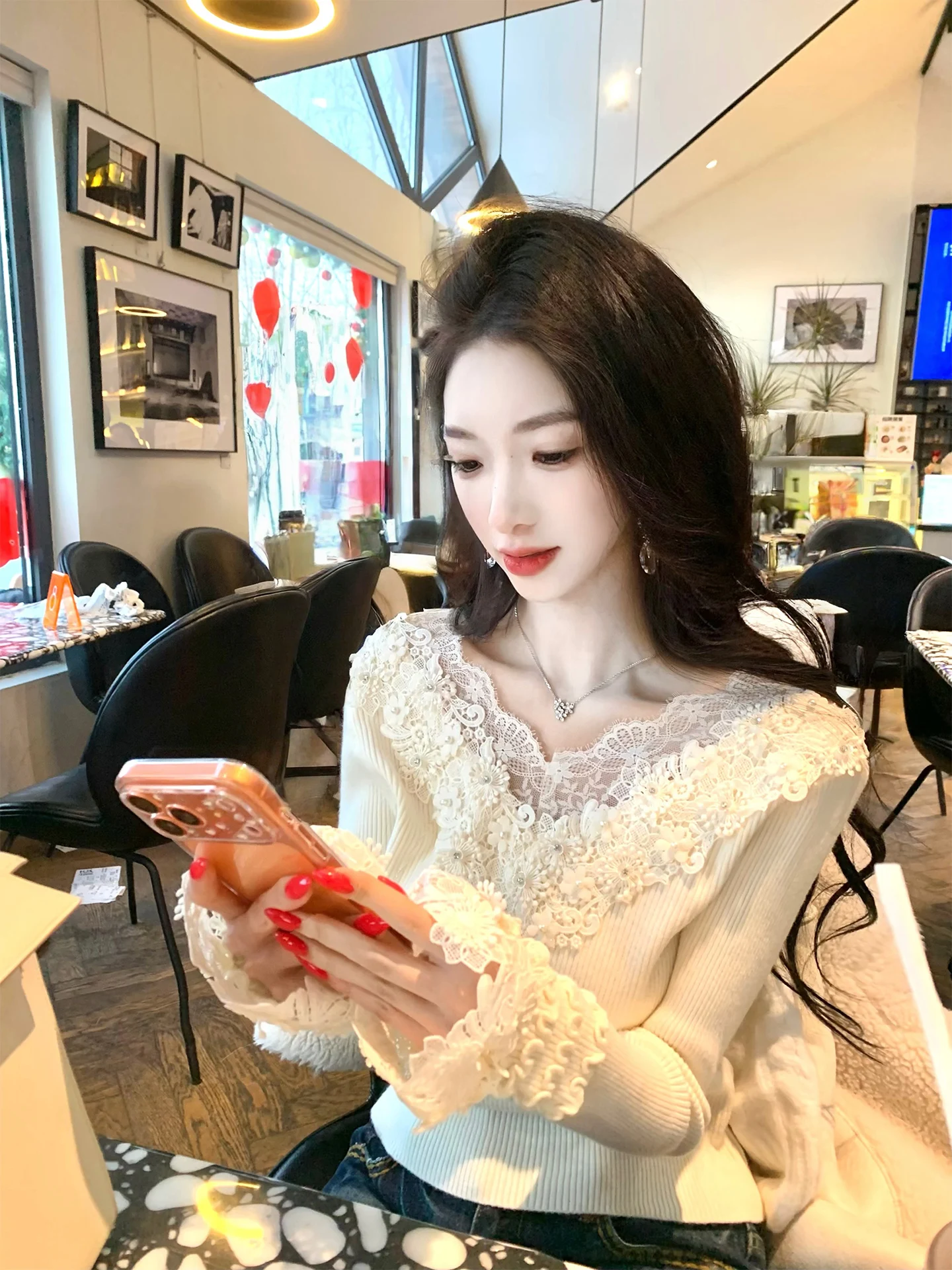 

J Studio Pure Desire Lace Trim V-Ne Basic Women's Top Versatile Boting irt Floral Dr adow Knitted Long Sve