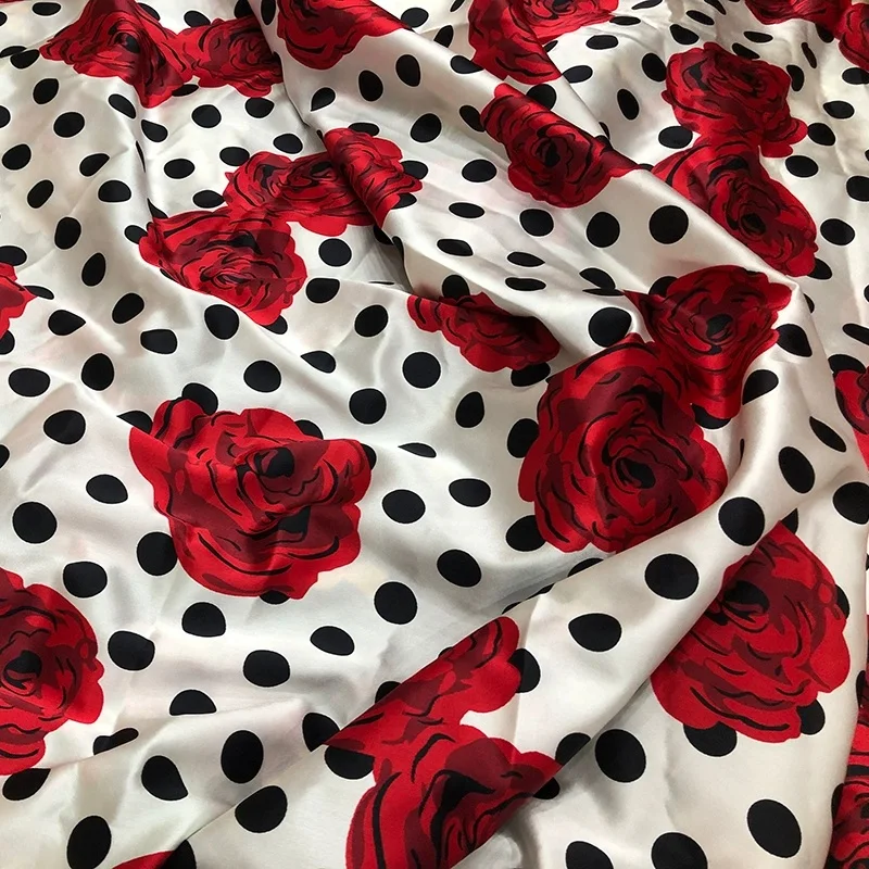 Black Dot and Red Rose Flower Printed Imitate Silk Satin Fabric For Dress/Blouse Telas Para Costura Tissus DIY Sewing Material