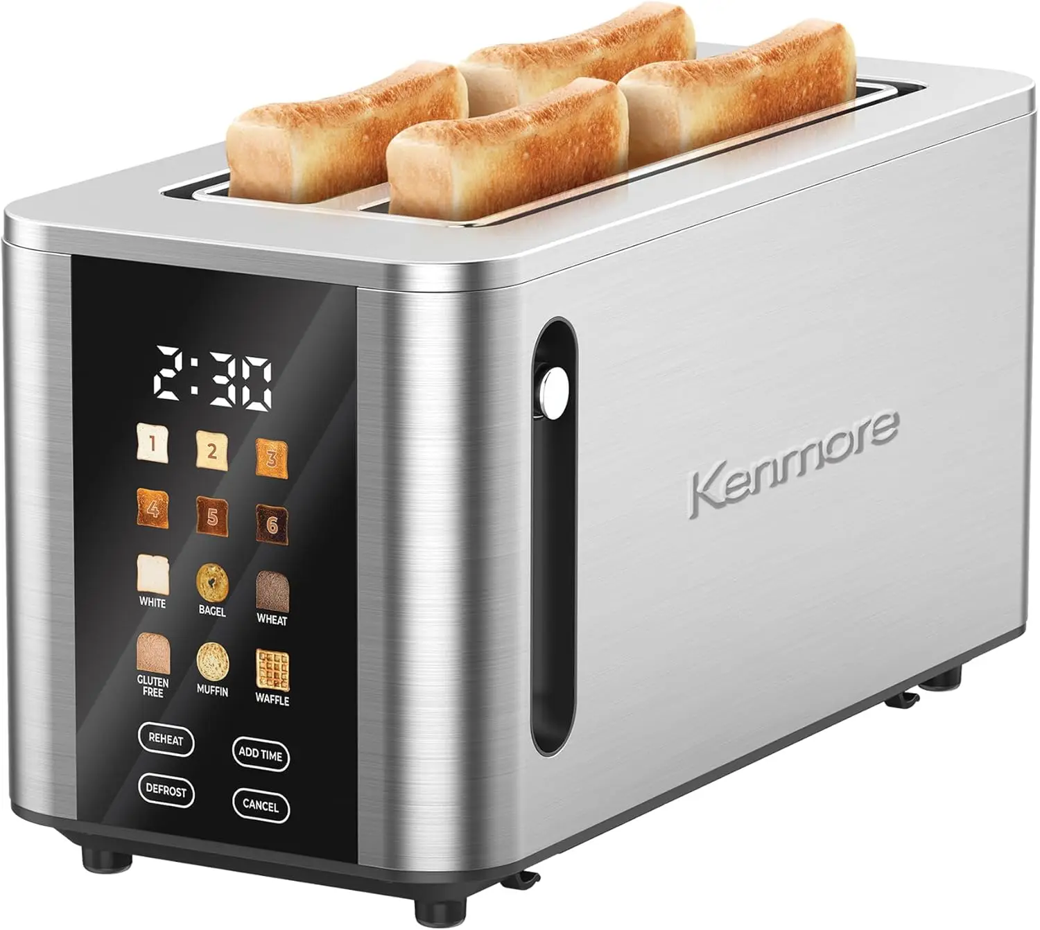 Kenmore 4-Scheiben-Digital-Toaster mit Touchscreen – 900 W, Edelstahl, breite Schlitze, 6 Bräunungsstufen, Brotprogramme, Countdown-Timer