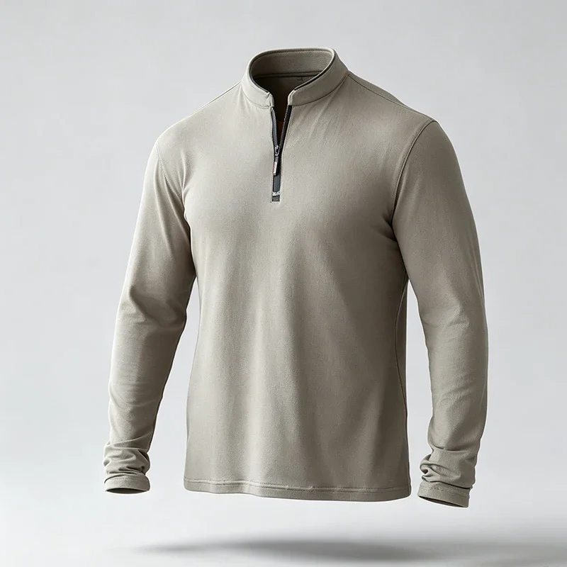 Mens Mandarin Collar Half Zip Long Sleeve Tee Smooth Stretchy Breathable Fabric Versatile Office Autumn Basic Blouse
