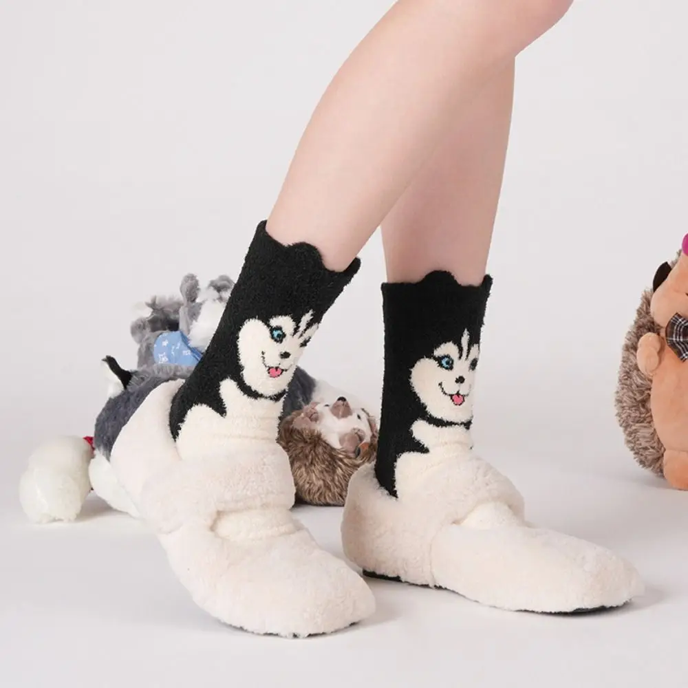 

Fashion Cartoon Husky Coral Fleece Socks Soft Sweet Sleeping Socks Women Hedgehog Hosiery Dog Plush Socks Male/Famale
