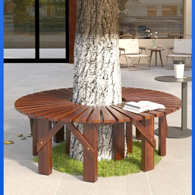 Outdoor tree seat preservative wood flower stand garden tree chair stool ring round solid wood park bench bench bench
