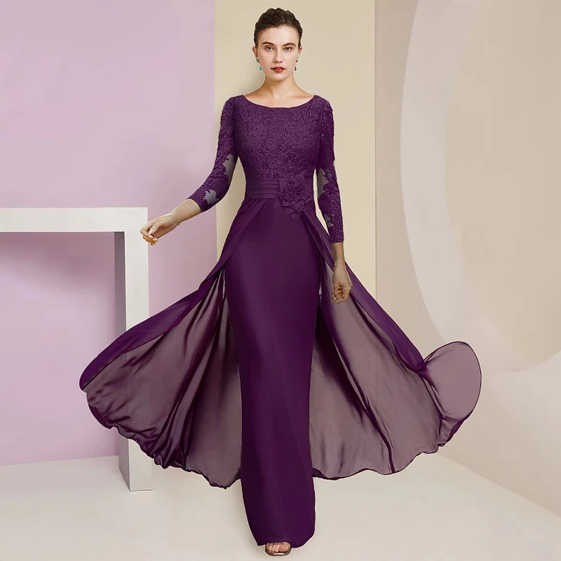 

Grape Sheath Mother of the Bride Groom Dress 2023 Scoop Floor Length Chiffon Lace 3/4 Sleeves Wedding Party Gowns Plus Size