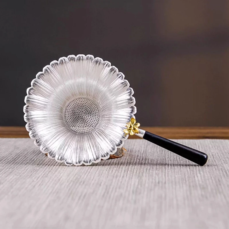 Handmade Daisy Pure Silver 999 Tea Strainer with Sandalwood Handle Anti-Scalding Kungfu Ceremony Tea Funnel Teaset Accessories