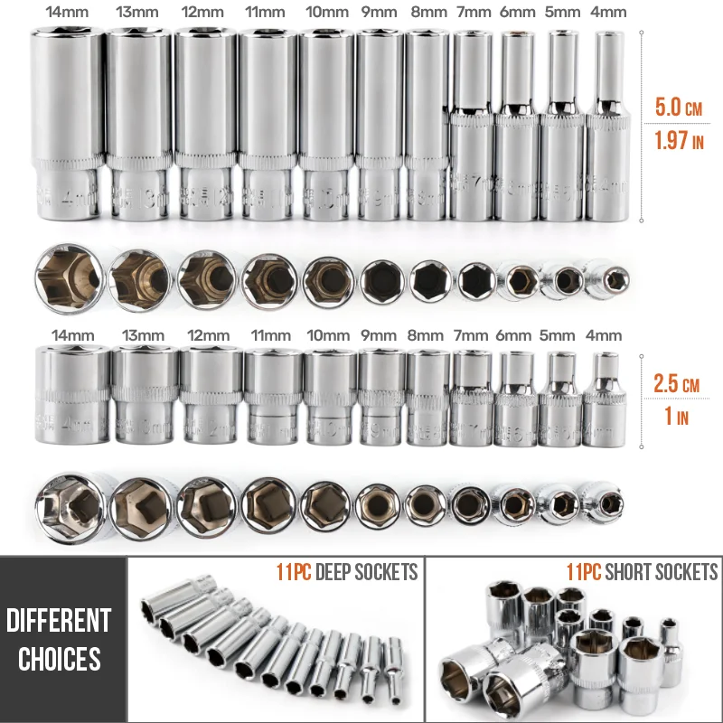 1/4" Drive Socket Set 6 Point Short/Long Deep Sockets CRV Socket Wrench Set Ratchet Socket Bit Head Adapter for Torque Spanner