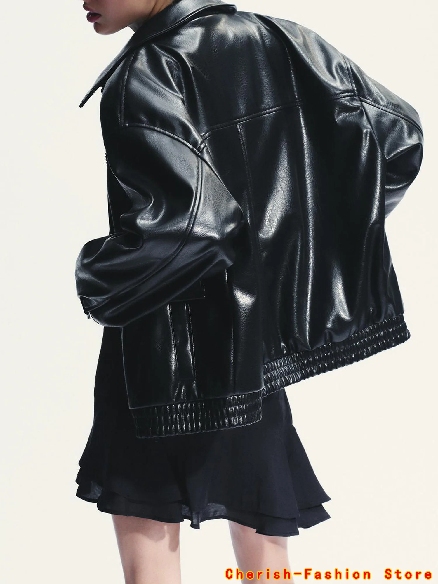 Street Women's Turn-down Collar Leather Jacket Loose Zipper Buttons Long Sleeve Female Coat 2025 Autumn Lady Locomotive Outwear