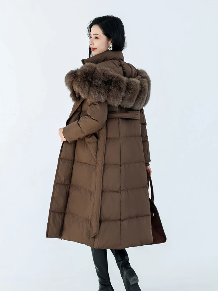 Luxuriöse Daunenjacke mit echtem Pelzkragen und Schärpen für Damen, 2026, Winter, warm, langer Gänsedaunenmantel mit Kapuze, schmal, warm, INKEO DJ 633