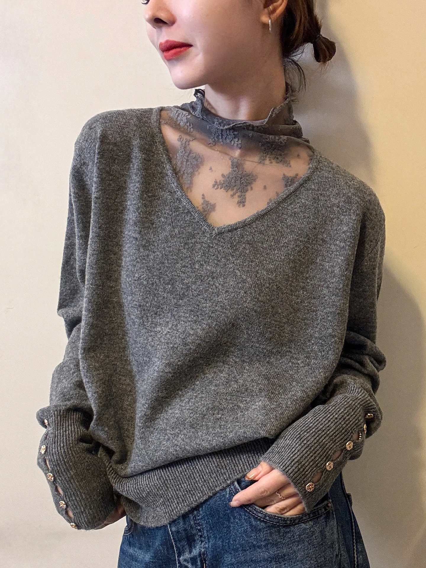   レーススプライスレディースニットウェアロングスベルーズフィット快適な冬のセーターシンプルなスレ韓国版カマーレ