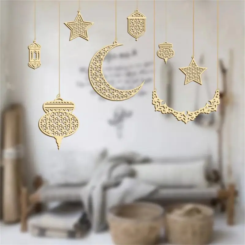 Eid Mubarak Wooden Hanging Ornaments Hollowed Moon Star Pendant for Ramadan Kareem Decoration Islamic Muslin Party Supplies