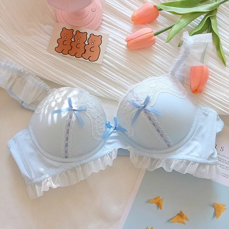 Japanese Girl Lingerie Candy Colored Lace Bra Set With No Steel Ring Gathered Cute Lolita Girl Attractive Chest Suspendersv Sexy