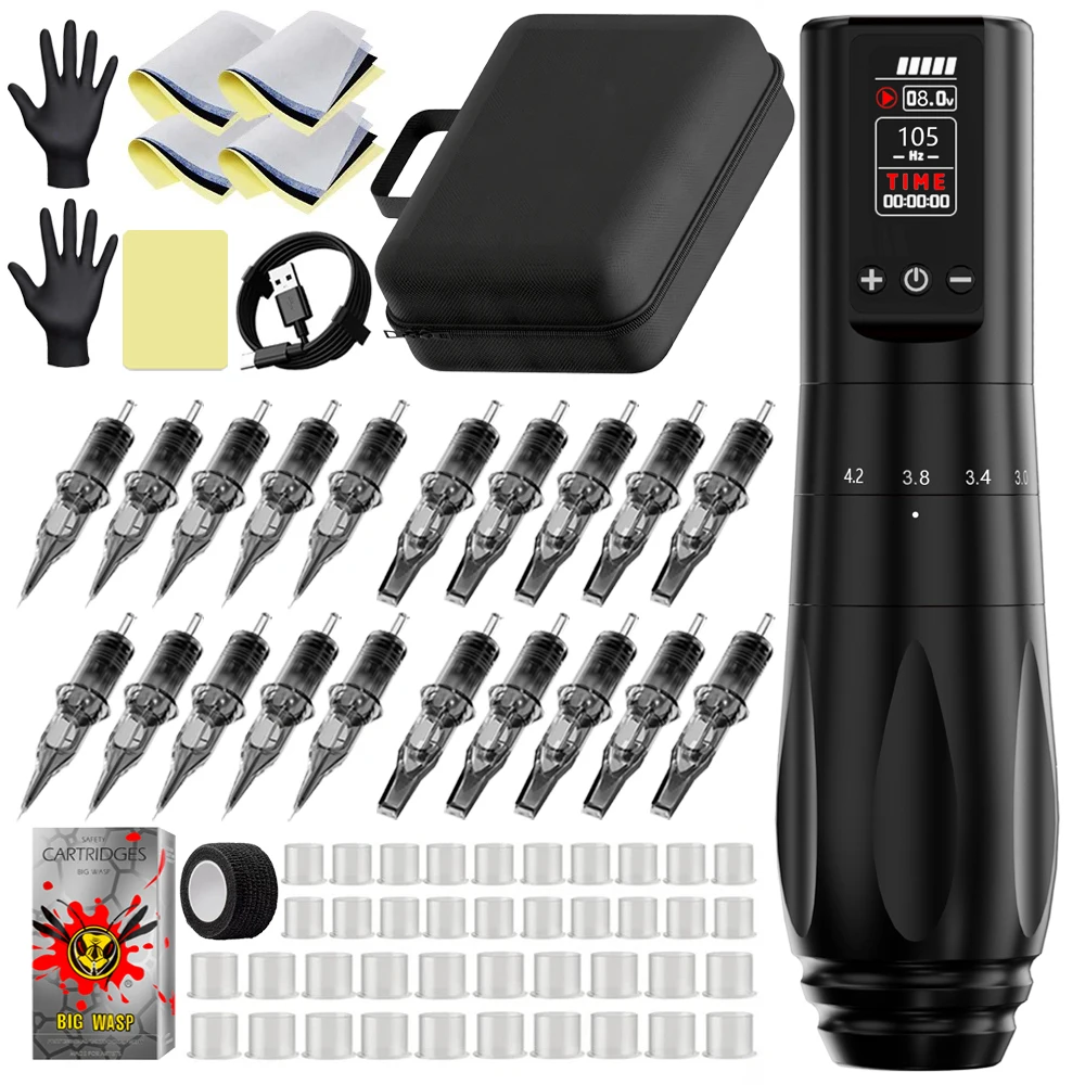 

BIGWASP Tattoo Machine Kit Wireless Tattoo Pen Kit 2.0-4.2mm Adjustable Stroke 1800mAh High-Capacity Battery Tattoo Gun Kits