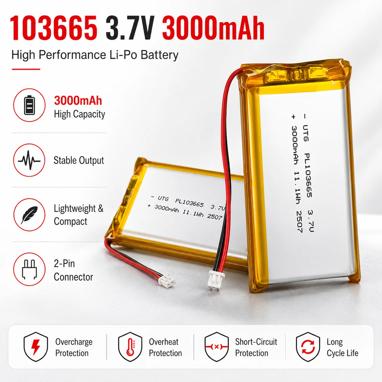 

3.7V 3000mAh 103665 PL103665 Lithium Polymer Battery for LoRa 32 V3 T114 V2 Development Board Node