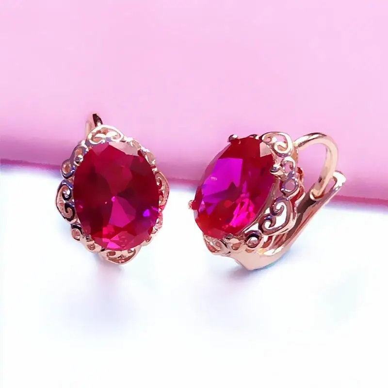 585 purple gold plated 14K rose gold inlaid oval ruby flower earrings for women elegant charm sweet wedding jewelry for couples