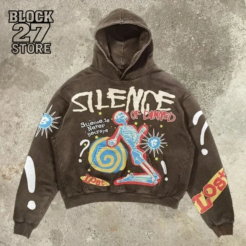 Hoodie Men Streetwear Skull Print Hooded Sweatshirt Casual Loose Fit Design Retro Street Fashion Trend Style Autumn Winter Wear