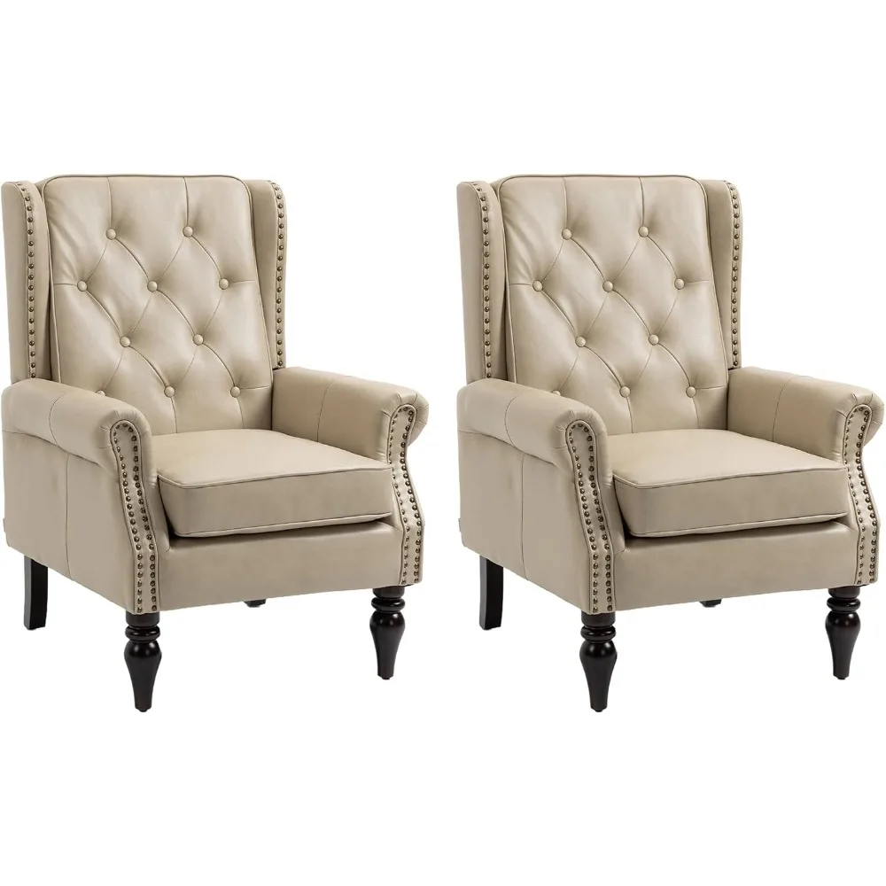 Living Room Chairs Set of 2, Button Tufted Wingback Armchair with Wood Legs, Upholstered Bedroom Chair with Rivet Decoration