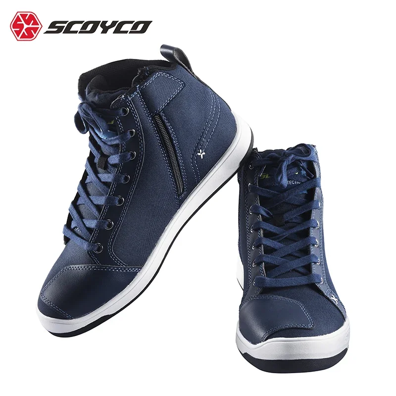 SCOYCO Male Motorcycle Racing Shoes Canvas Fabric Rubber Anti-Slip Sole Breathable Wear-resistant Men Motorcycle Riding Boots