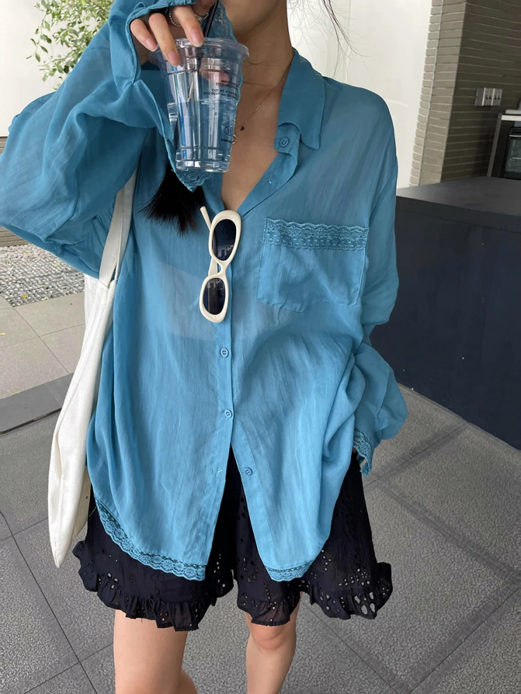 

Lace Trim Loose Fit Long Sve Women's irt Lightweight Summer Faion Casual Sle Pure Color Button up Cotton Blend Top