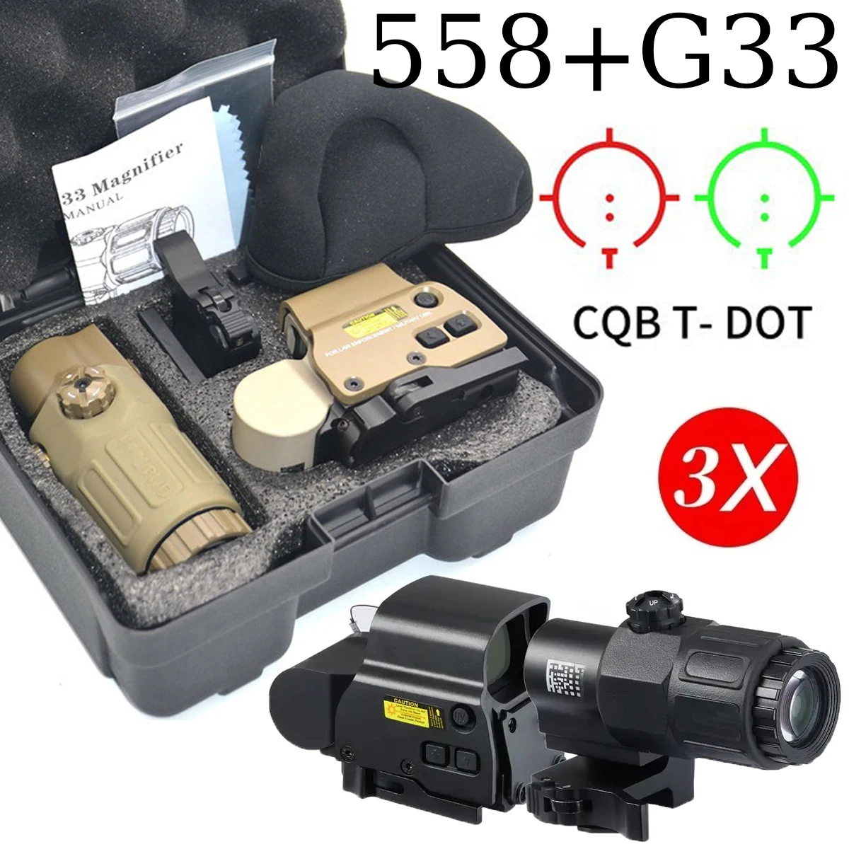 

Tactical 558+G33 Holographic Box Set Red Green Dot Sight Scope 3X Magnifier Combo Hunting Airsfot Rifle Shooting Hunting Scope