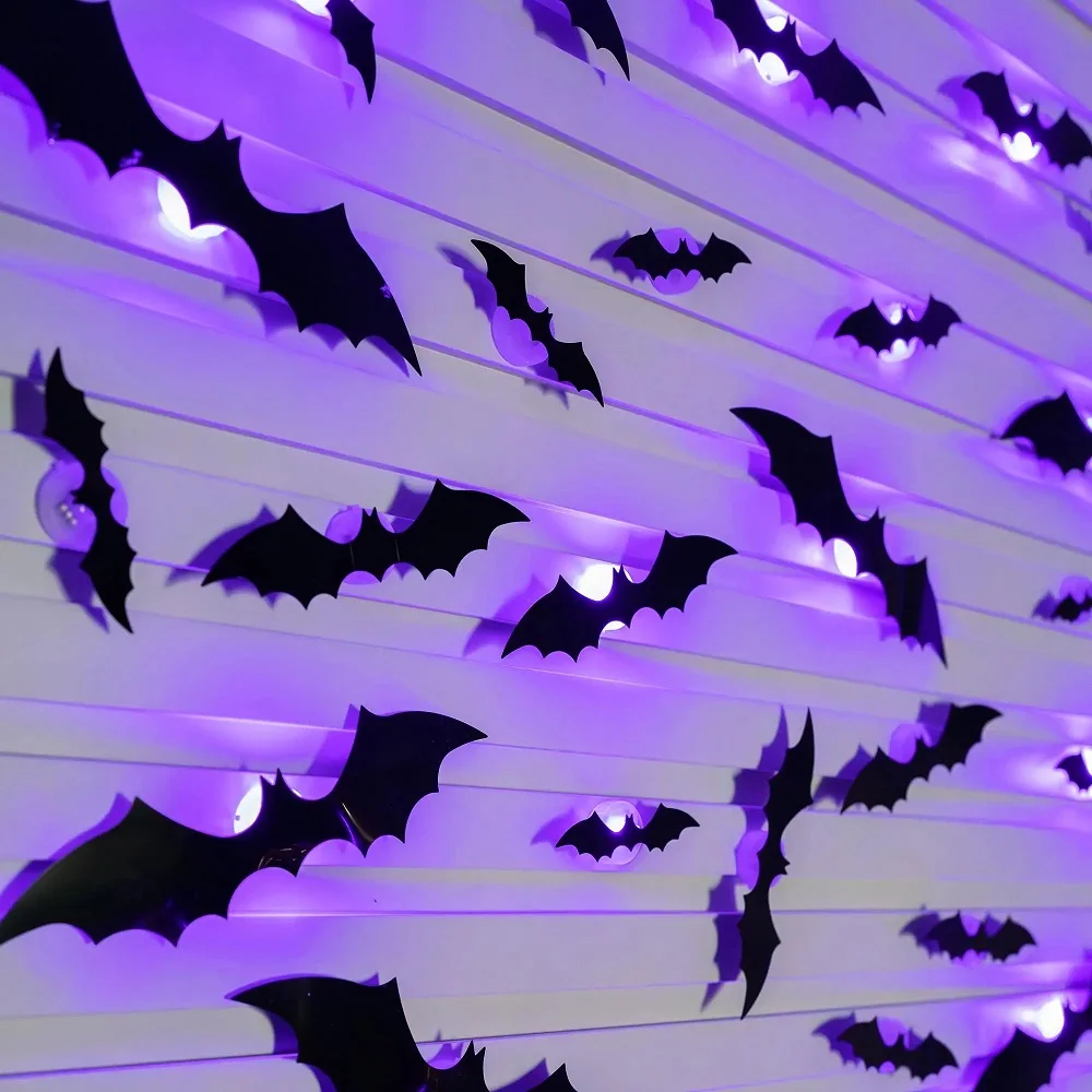 12/24 szt. Halloween nowa z nocnym Light Bat PET stereoskopowy nietoperz festiwalowa dekoracja nocna lampka na ścianę naklejka LED