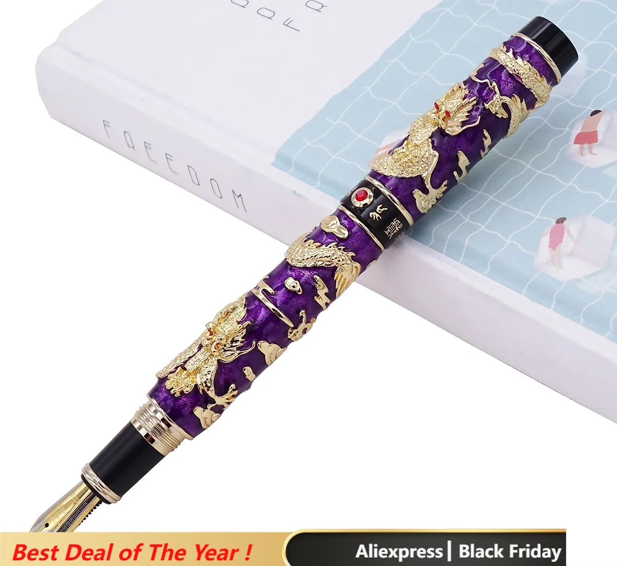 Jinhao Purple Cloisonne Calligraphy Fountain Pen Double Dragon Fude Bent Nib Advanced Craft Writing Gift Pen for Business Office