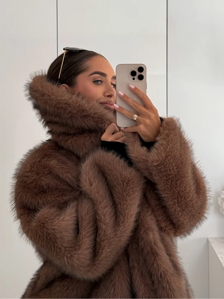 Women Winter Brown Thick Faux Fur Coat Casual Big Lapel Loose Full Sleeve Flurry Warm Jacket 2024 Lady Vintage High Streetwear