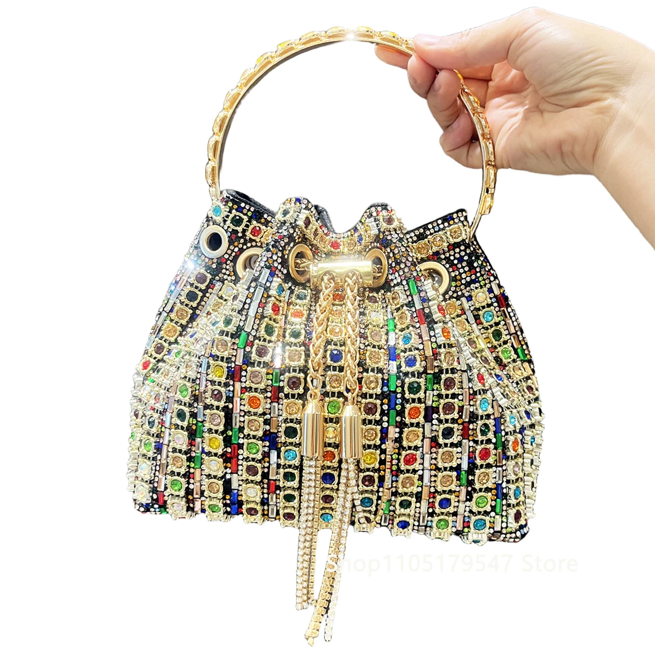 Luxury Designer Tassel Evening Clutch Bag Women Bucket Shoulder Crossbody Bag Rhinestone Purses Handbag for Bridal Wedding Party