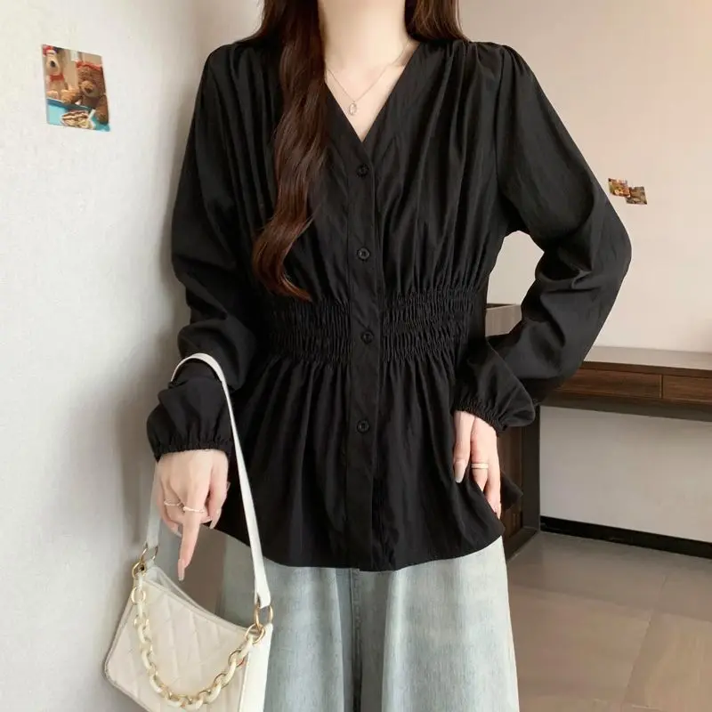 Übergröße 200 Pfund Bürodamen-Hemd & Bluse Herbst Elegantes Basic-Oberteil V-Ausschnitt Elastische Taille Damenkleidung Französisch-Schick Koreanisch – Detail 3