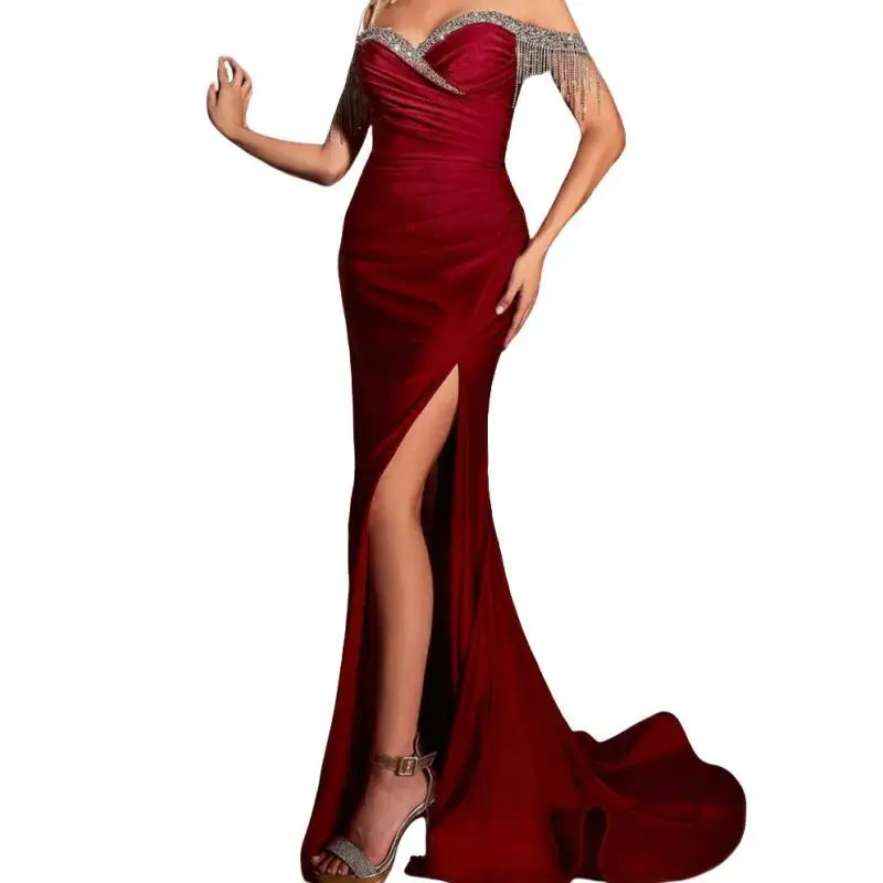 Luxury Wine Red High Slit Party Occasion abiti Cap Sleeve Beads nappa Long Mermaid abito da sera formale abito da sposa per gli ospiti