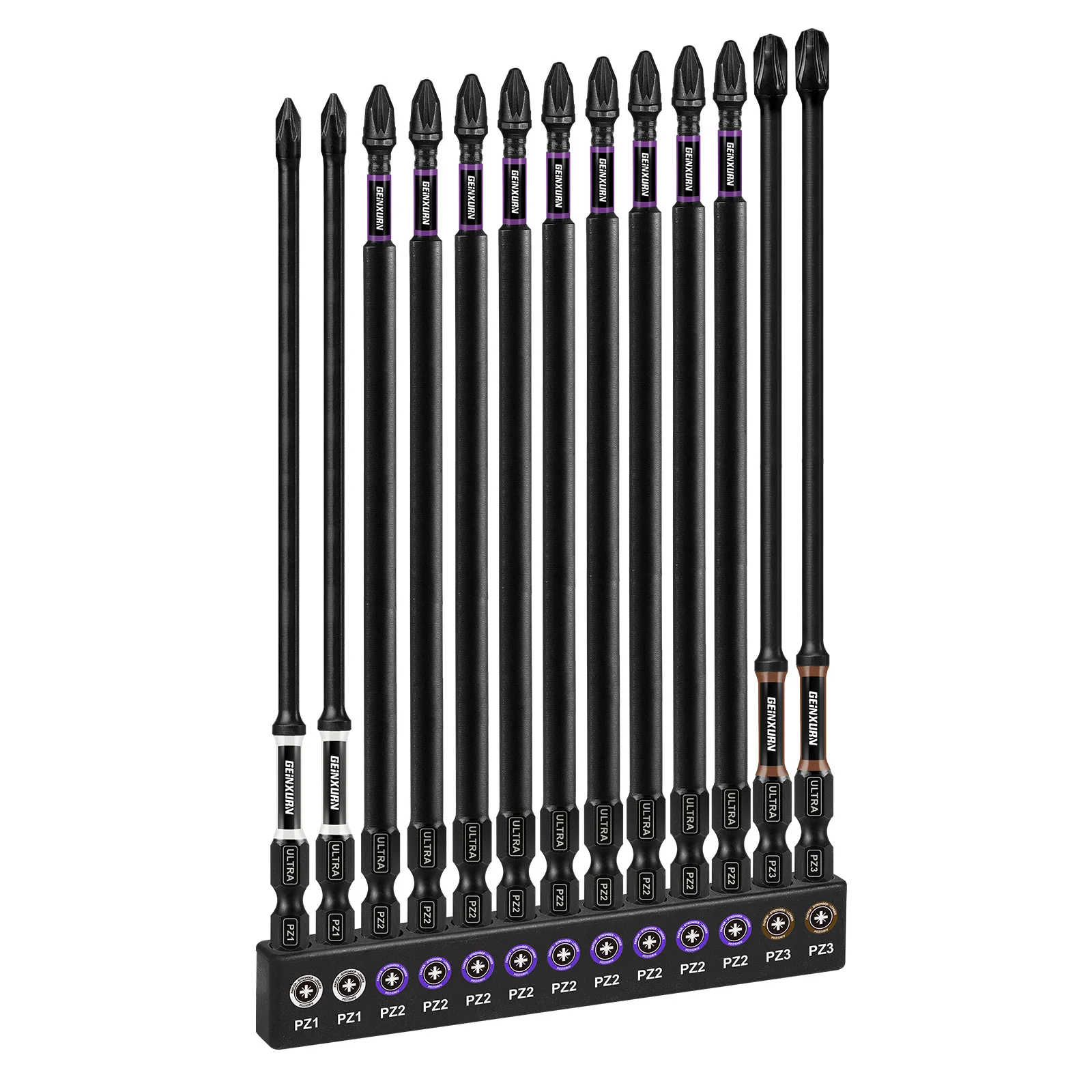 Geinxurn Impact #2 Pozidriv Screwdriver Bits Sett(PZ1/2/3), 6'' Magnetic S2 Steel Bits Set with Color Coded Base