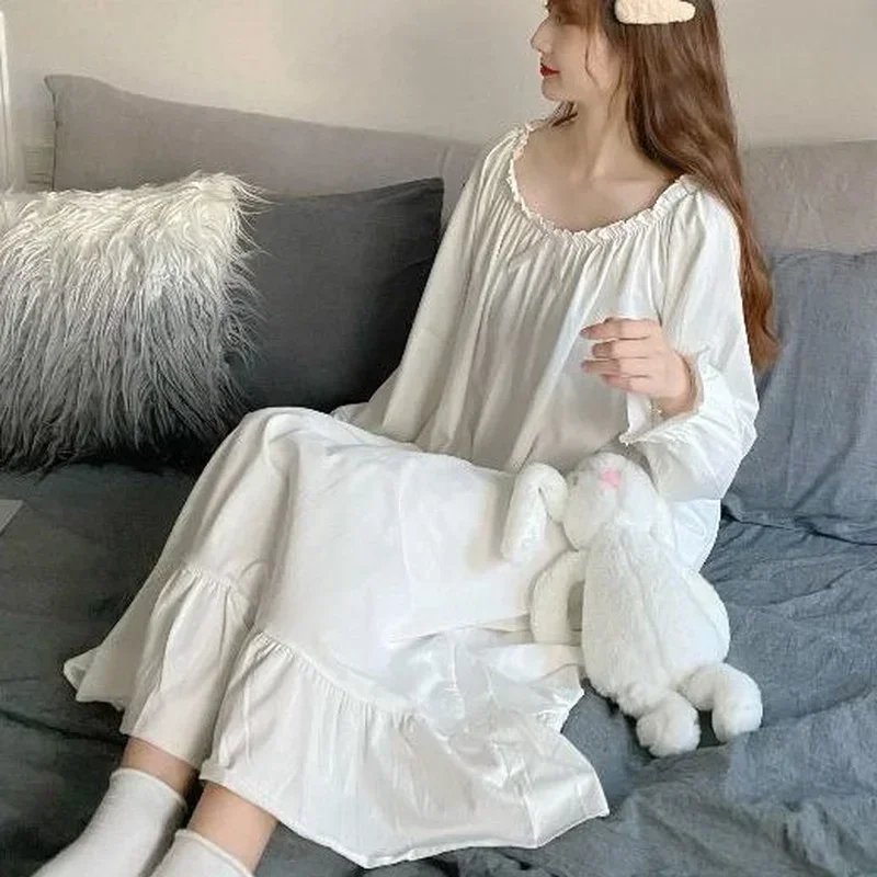 White Nightgown Sleepwear Lady Spring Autumn Long Sleeve Nightdress Loose Women Princess Nightgowns 5XL X150