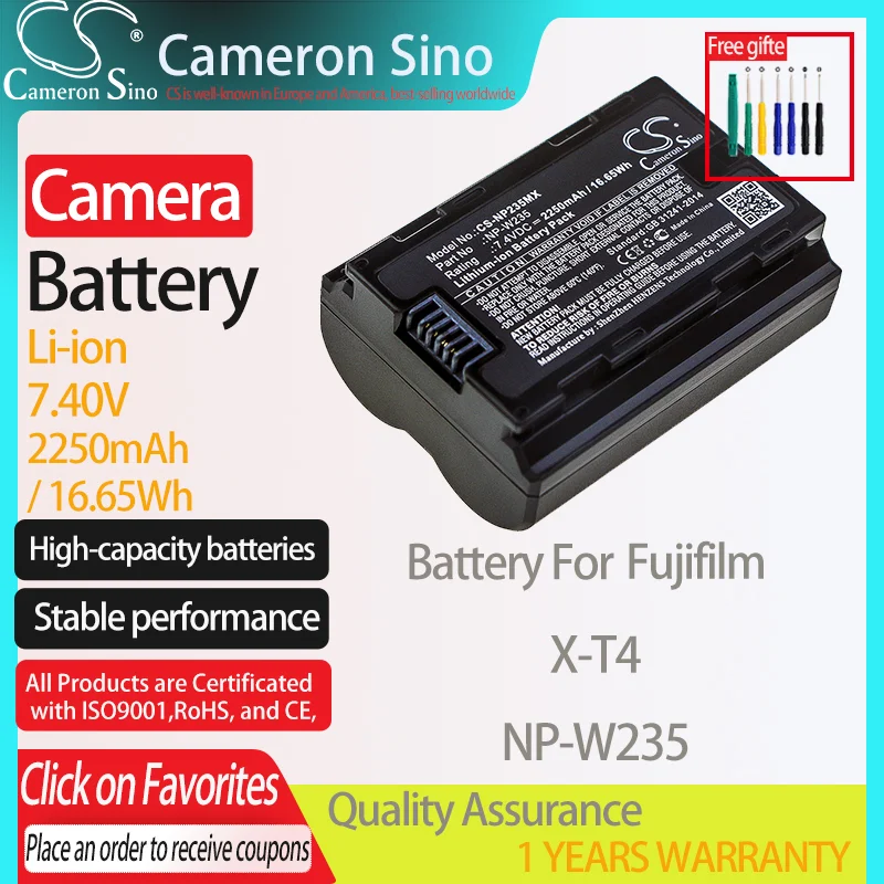 CameronSino Battery for Fujifilm X-T4 fits Fujifilm NP-W235 camera battery 2250mAh/16.65Wh 7.40V Li-ion Black