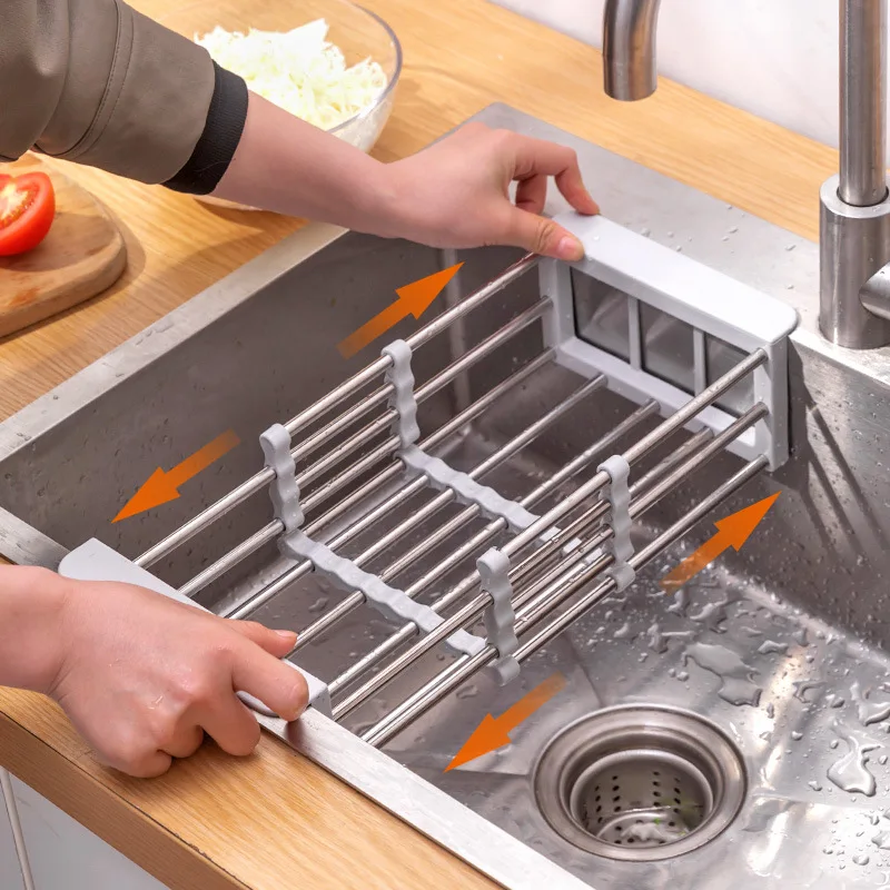 Escorredor de Louça Telescópico em Aço Inoxidável para Pia de Cozinha, Suporte para Utensílios, Frutas e Vegetais, Acessório Doméstico para Cozinha