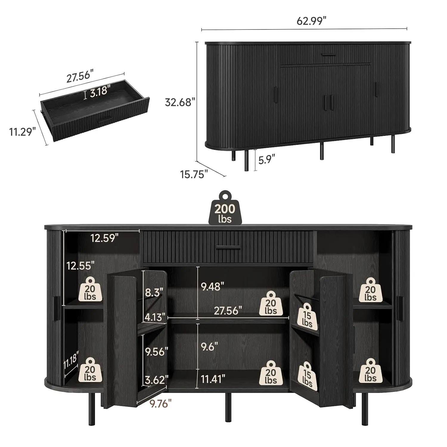Sideboard Cabinet w/Storage 1 Drawer & 2 Door Shelves Black, Customized