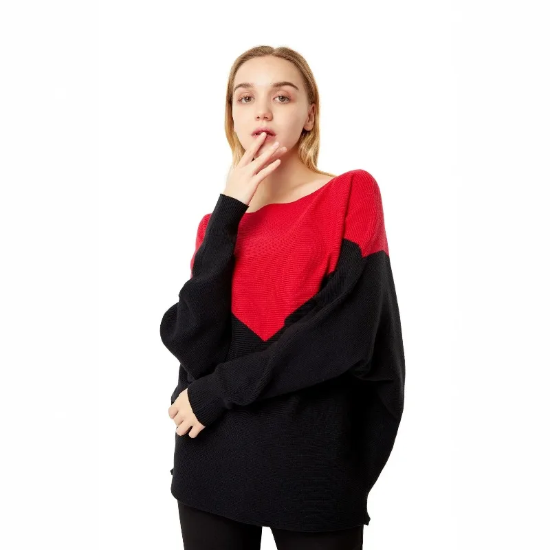 Cross-border Women's Patchwork Knitted Sweater, One-shoulder Collar Autumn Winter Long-sleeved Loose Loose-fitting Oversized Top