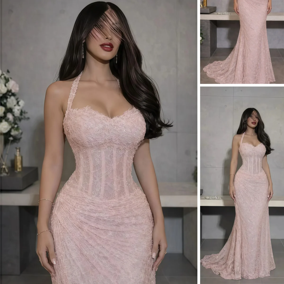 

Custom Fishtail Pink Lace Shiny Evening Dresses Elegant Party Dresses Luxury Evening Dresses 2026 Women's Formal Evening Gowns