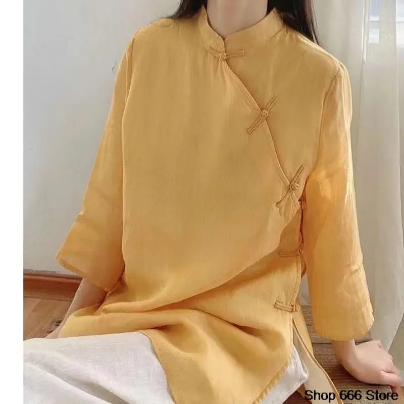 Mid Length Cotton Linen Chinese Traditional Women's Top Ladies Retro Art Shirt Loose  Solid Color Hanfu Women's Cheongsam Qipao