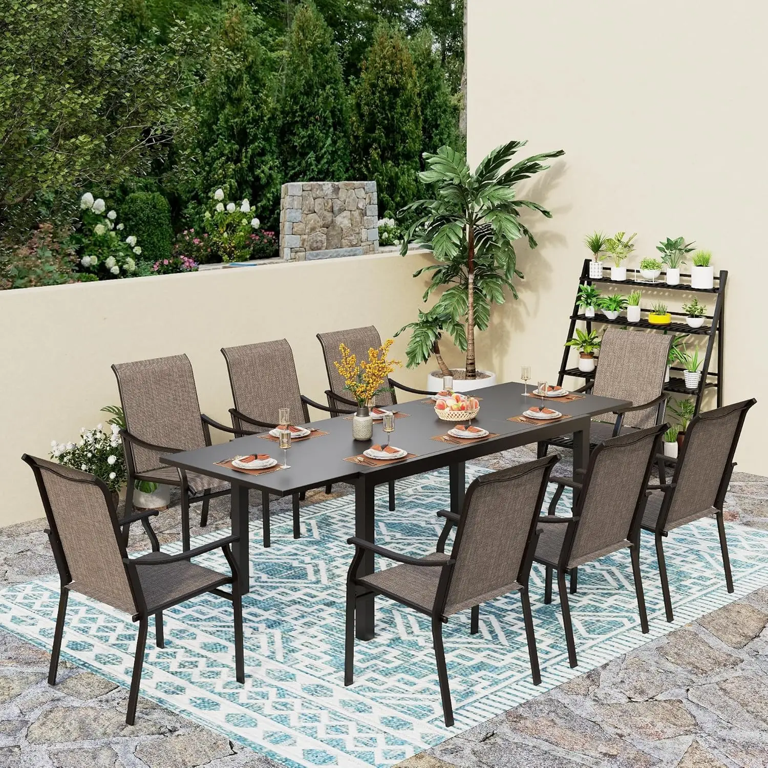 

9 Piece Metal Textilene Outdoor Dining Set Extendable Table 8 Chairs Garden Lawn Weatherproof Quick Dry Customized