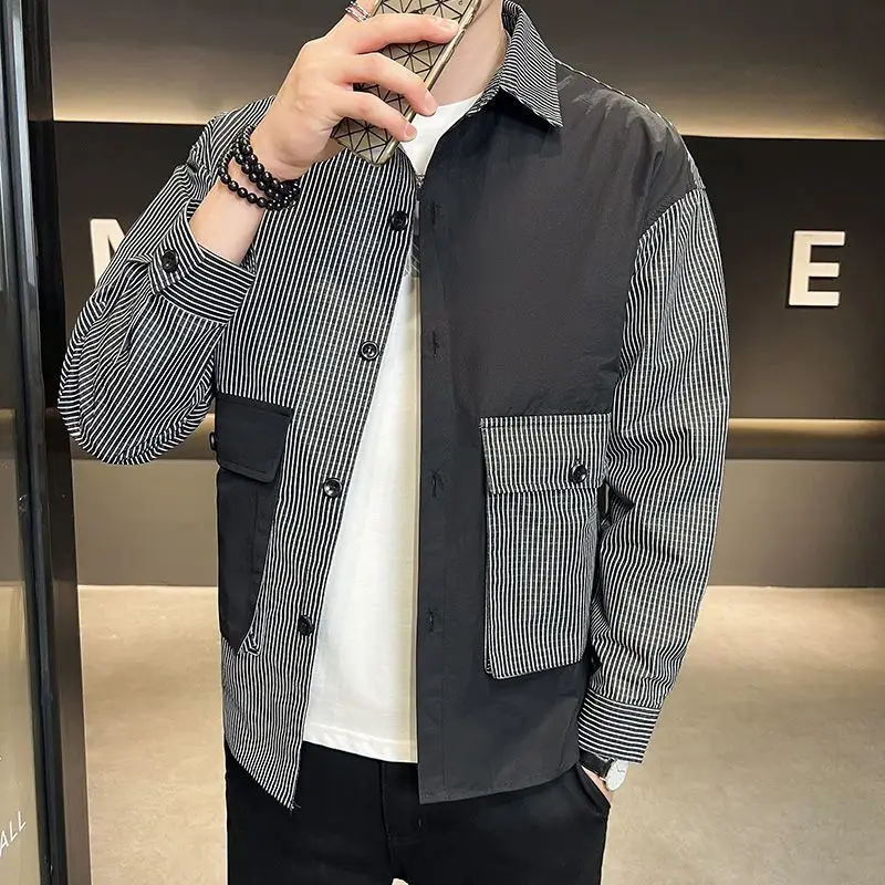 Spring Autumn New Turn-down Collar Long Sleeve Fashion Shirt Man High Street Casual Striped Printing Pockets Patchwork Cardigan