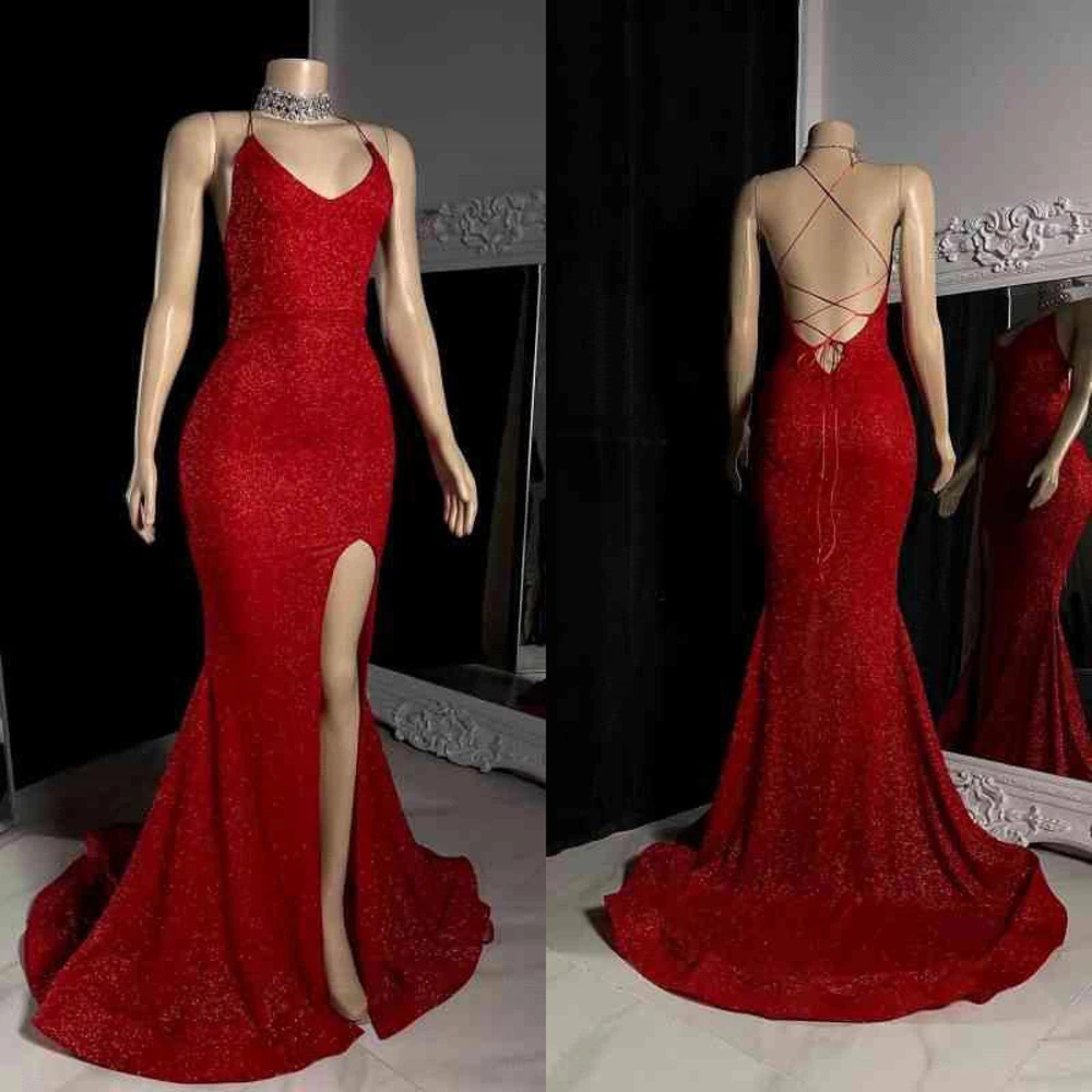 Vestido De noche rojo brillante, traje De sirena con escote en V, Espalda descubierta, abertura alta, Formal, para Fiesta De graduación, 2024