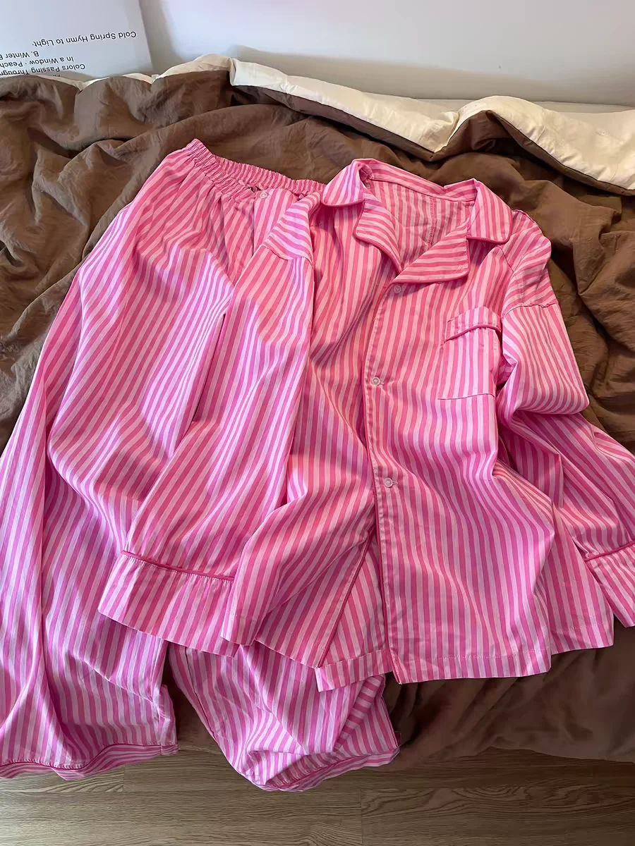 Pink Striped Long Sleeve Sleepwear Set Women's Spring Autumn Style Casual Loose Fit Home Comfortable Outerwear Suitable