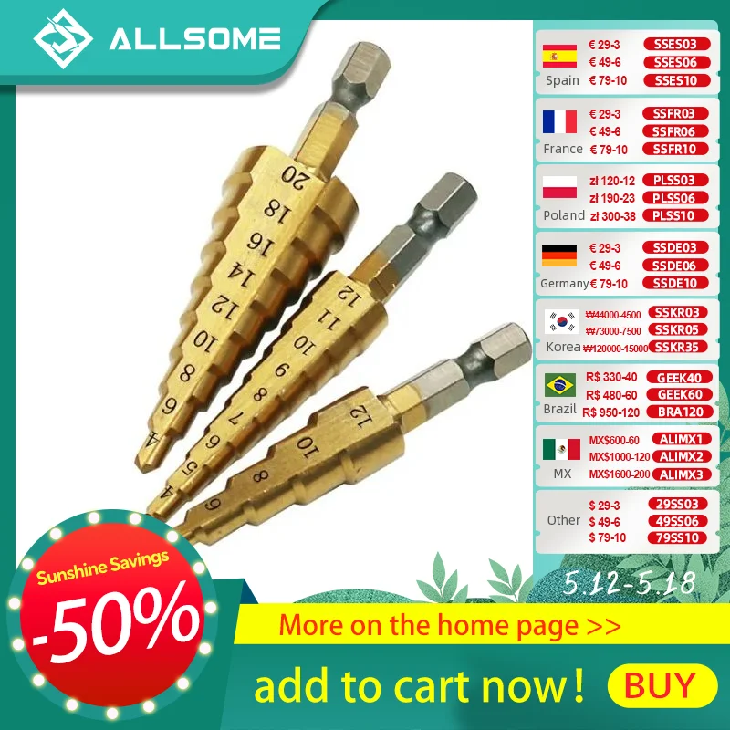 

ALLSOME Step Drill Bit 3-12mm 4-12mm 4-20mm HSS Straight Groove Titanium Coated Wood Metal Hole Cutter Drilling Power Tools Set