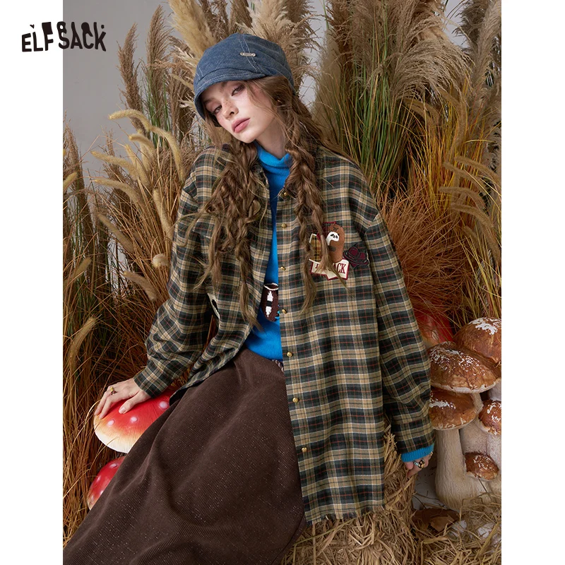 

ELFSACK 2025, зимние новые поступления, повседневная женская рубашка в клетку с длинными рукавами и вышивкой медведя