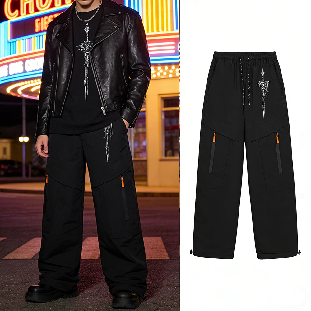 

Techwear Men's Black Loose Fit Wide Leg Cargo Pants Multi-Pocket Hip Hop Casual Trousers Gothic Rune Sword Graphic Print