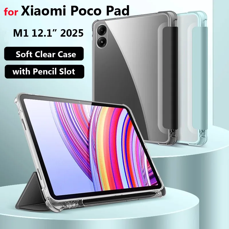 

Case for Xiaomi Poco Pad M1 12.1" 2025 Poco Pad X1 11.2" for Redmi Pad 2 Pro 12.1 Inch 2025 TPU Transparent Tri-fold Tablet Case