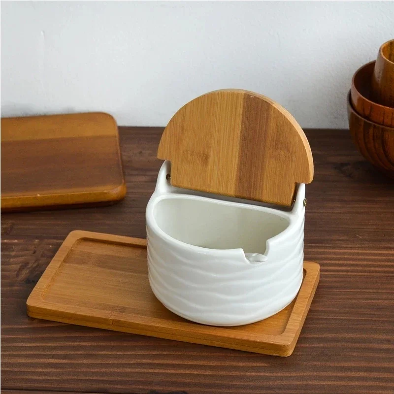 Ceramic Seasoning Rack Spice Pots Bowls with Spoon & Porcelain Box and Bamboo Cover - Storage Container Condiment Jars